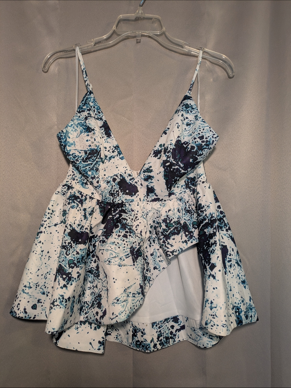 NWOT Morning Mist White and Blue Paint-Splatter V-Neck Peplum Top